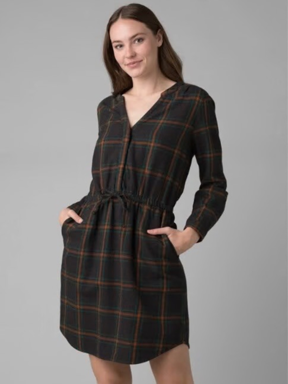 prAna Plaid Shirt Dress Organic Cotton Green Orange Long‎ Sleeve Size Small